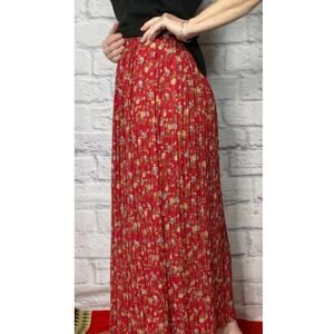 Vintage 90's D. Terrell Red Floral Crinkle Pleat Cottagecore Maxi Skirt